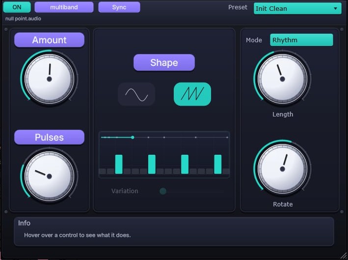 Null Rhythm plugin interface — Amount and Pulses knobs, a Shape selector with sine and saw waveforms, a Euclidean step sequencer with a Variation control, plus Mode, Length and Rotate, and ON / multiband / Sync toggles.